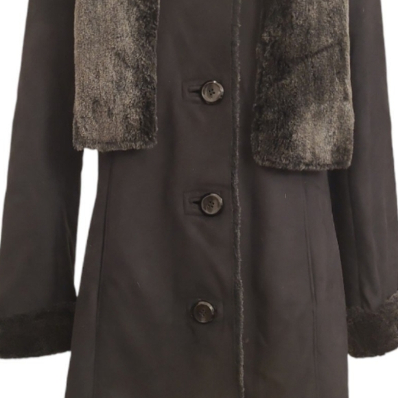 Elegant Black Coat with Faux Fur Scarf and Trim designer Ellen Tracy size small - Picture 3 of 11